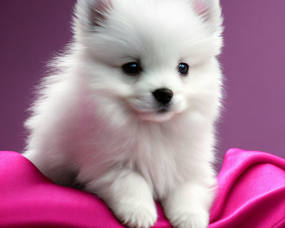 Adorable white Pomeranian puppy on pink fabric against purple background