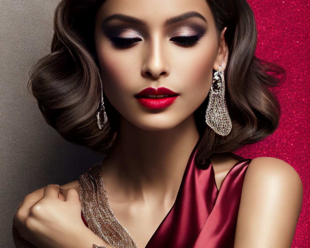 Elegant woman in red satin dress with wavy hair and makeup on glittery background