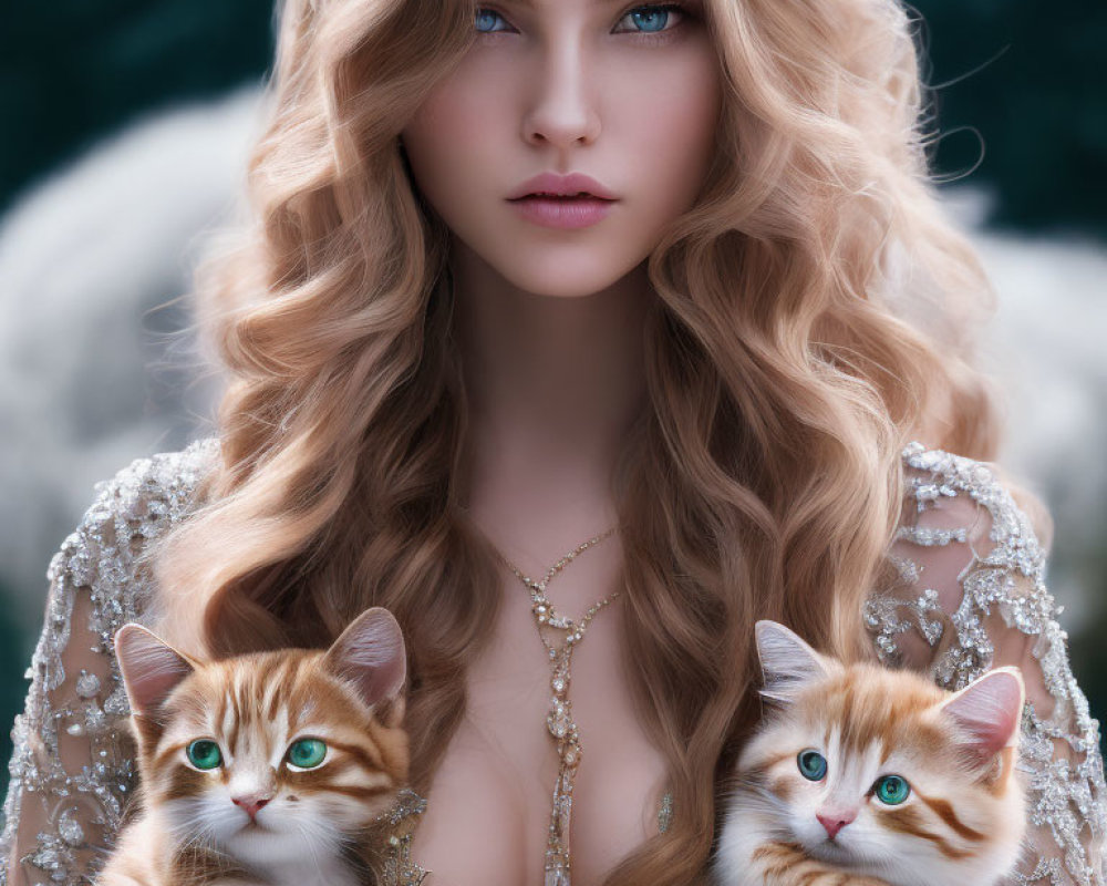 Woman with wavy hair holding orange tabby kittens in sparkling dress