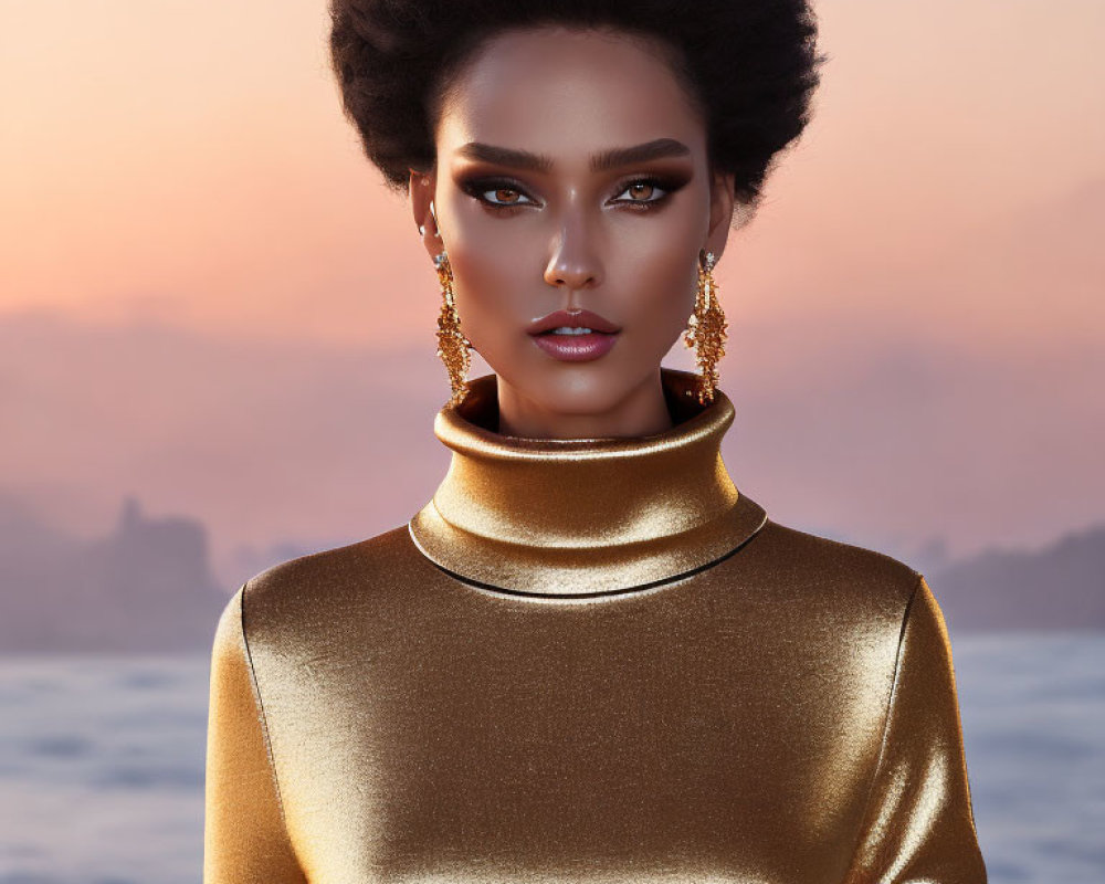 Digital art portrait of woman with striking makeup, golden attire, earrings against blurred sunset background