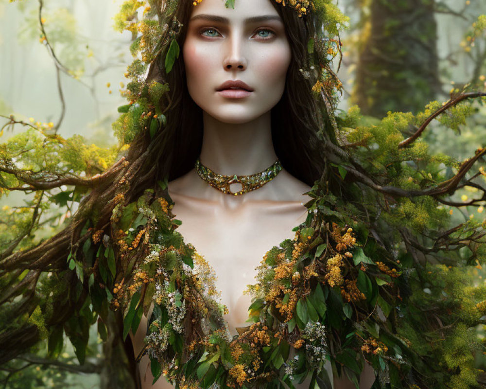Mystical figure with serene features in lush forest setting