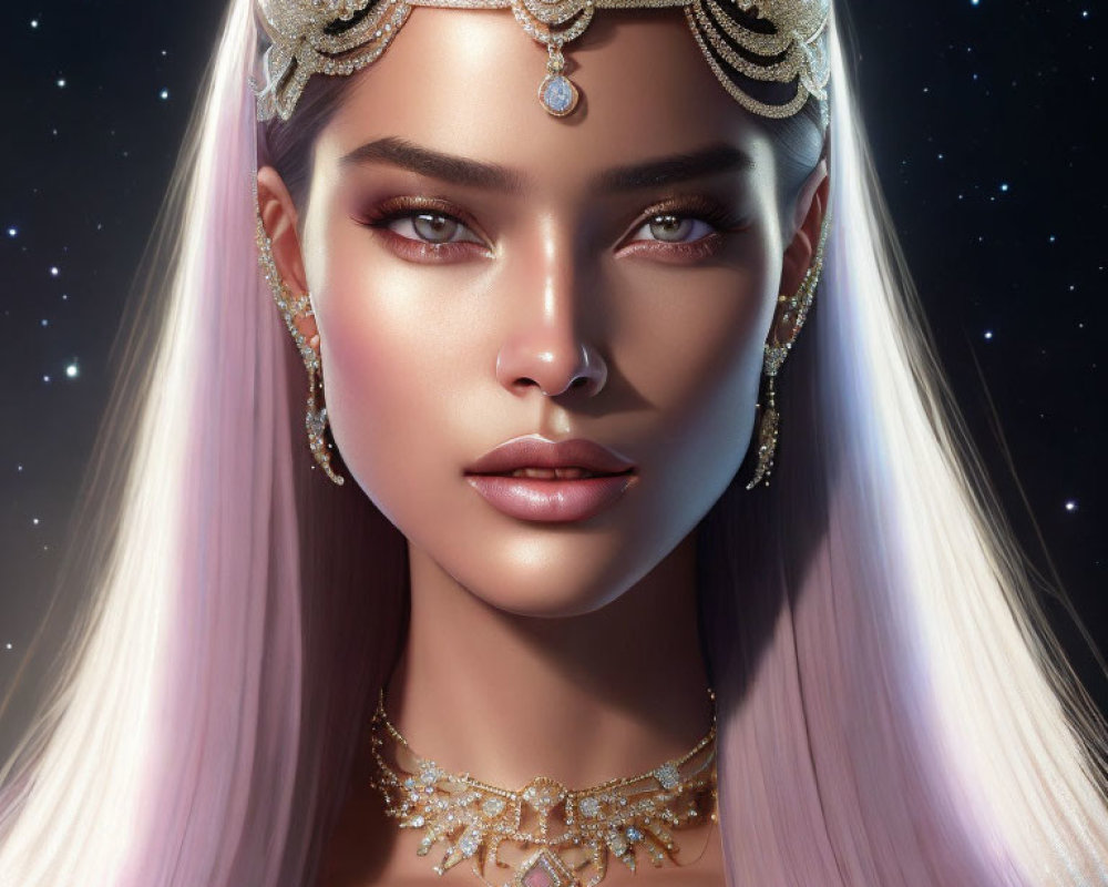 Digital artwork: Woman in ornate headpiece & jewelry on starry night.