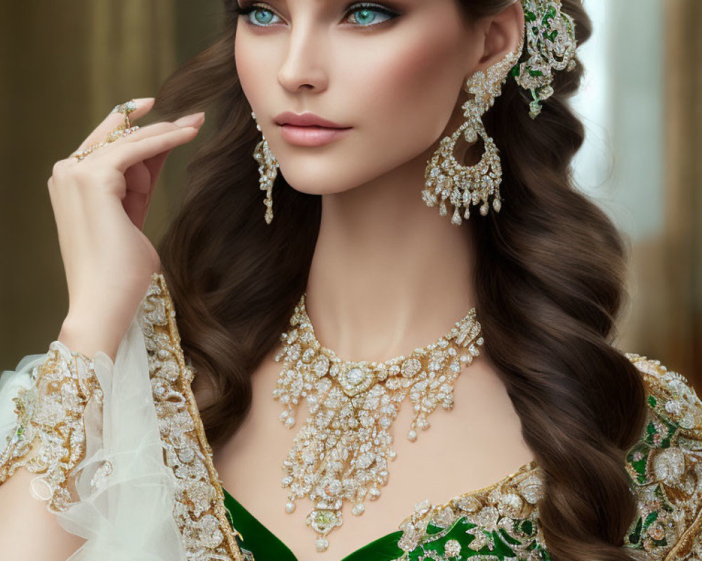 Luxurious Gold and Pearl Jewelry on Elegant Woman in Green Dress
