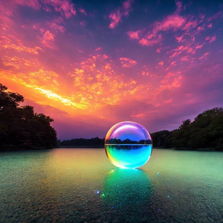 Colorful sunset reflected in crystal ball on serene lake with silhouetted trees