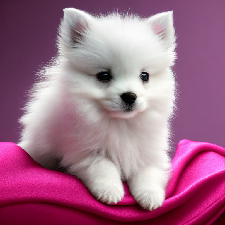 Adorable white Pomeranian puppy on pink fabric against purple background