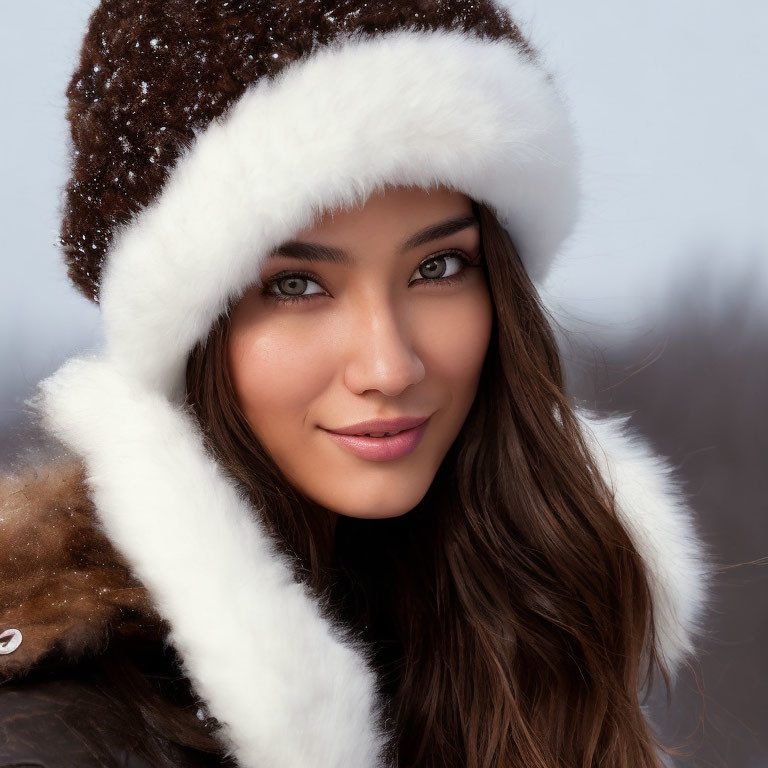 Brown-haired woman in white fur-trimmed hat with light makeup smiling subtly