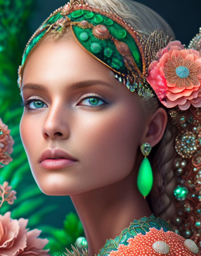 Elaborate hair accessories and intense gaze with green earrings.