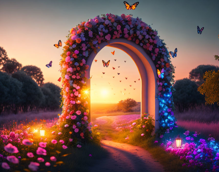Colorful Floral Archway with Butterflies Over Sunset Path