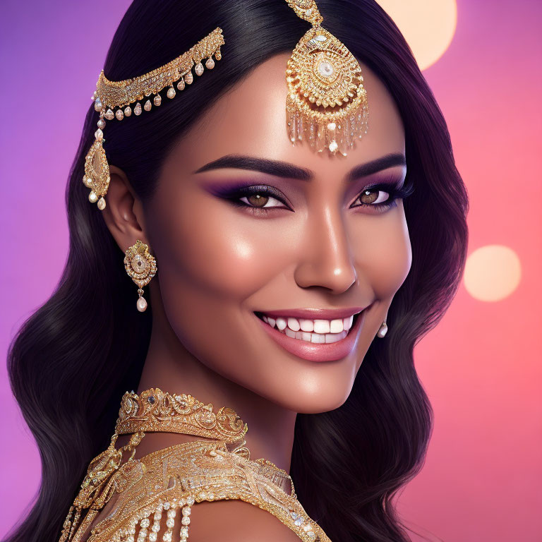 Radiant woman in golden jewelry on colorful bokeh background