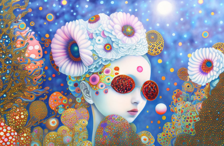 Blue-skinned individual with floral head decorations and red sunglasses in surreal portrait
