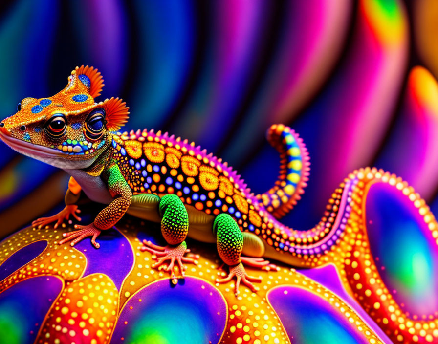 Vibrant gecko with colorful patterns on abstract surface