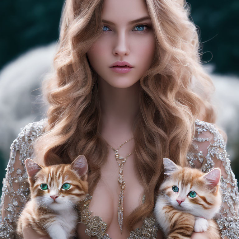 Woman with wavy hair holding orange tabby kittens in sparkling dress