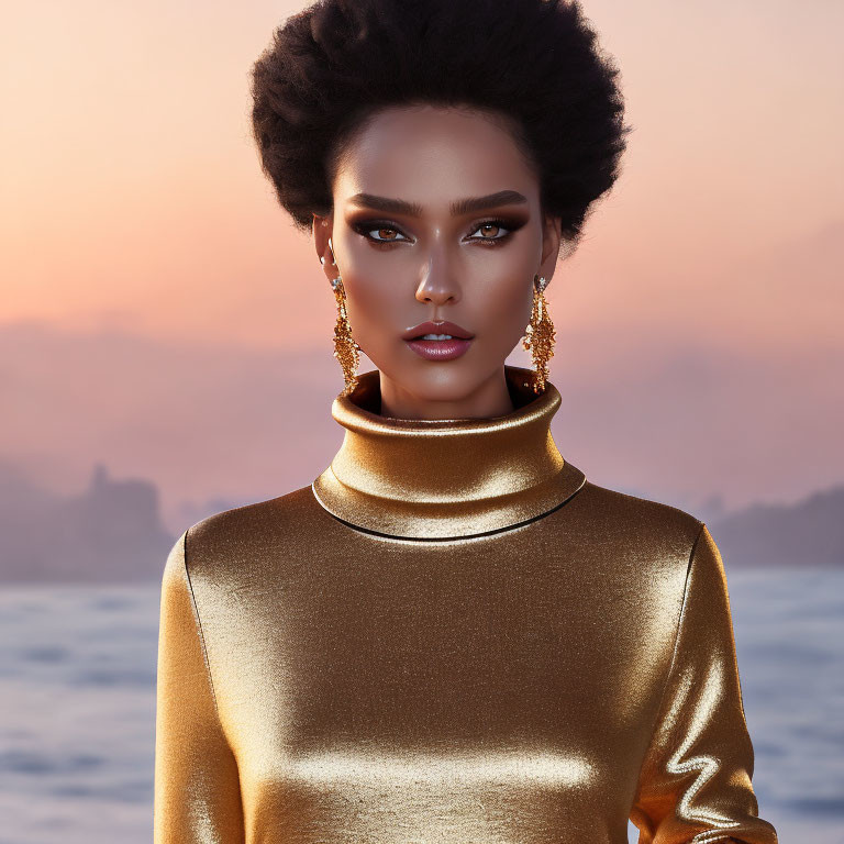 Digital art portrait of woman with striking makeup, golden attire, earrings against blurred sunset background