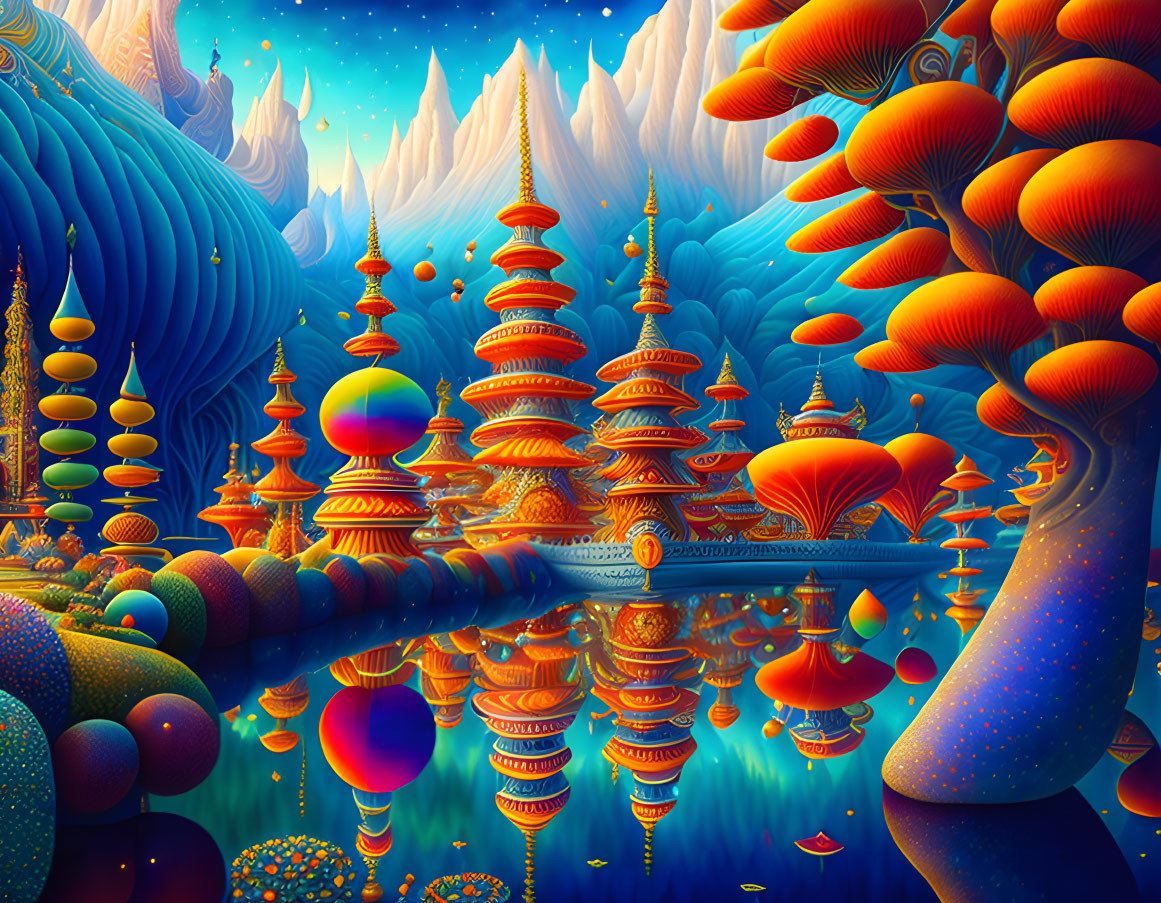 Colorful Mushroom Structures in Fantasy Landscape with Mountain Backdrops