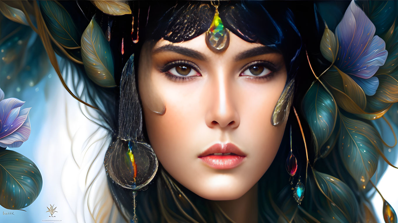 Digital artwork featuring woman with jewel-encrusted accessories amidst blue flowers