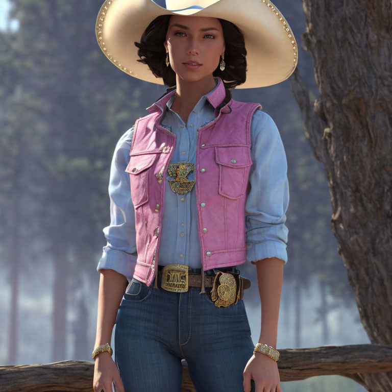 Digital artwork of a cowgirl in pink denim outfit near a tree