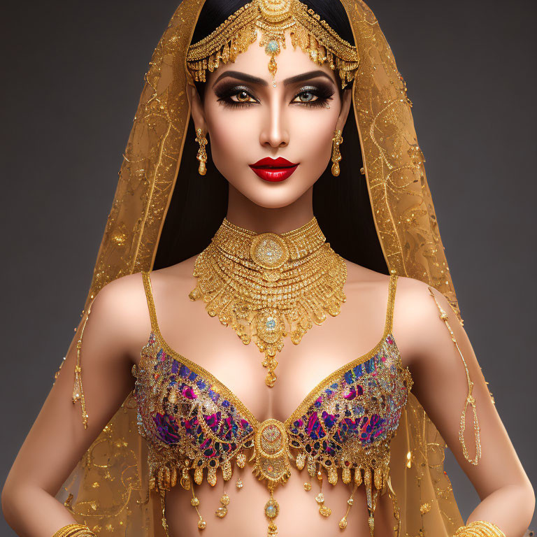 Traditional Indian Bridal Attire with Elaborate Gold Jewelry