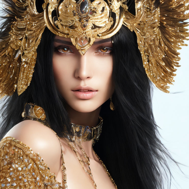 Woman with Long Black Hair in Ornate Golden Headdress and Armor, Detailed Makeup