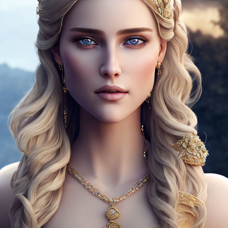 Digital portrait of woman with blue eyes, blonde hair, and gold jewelry against forest backdrop