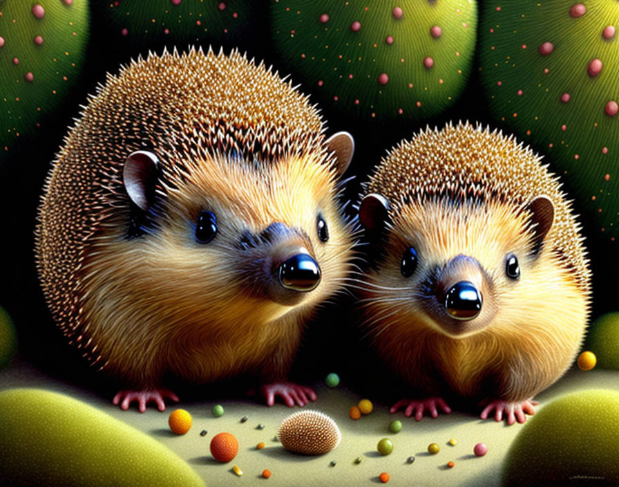 Colorful Animated Hedgehogs with Shining Eyes on Dark Background