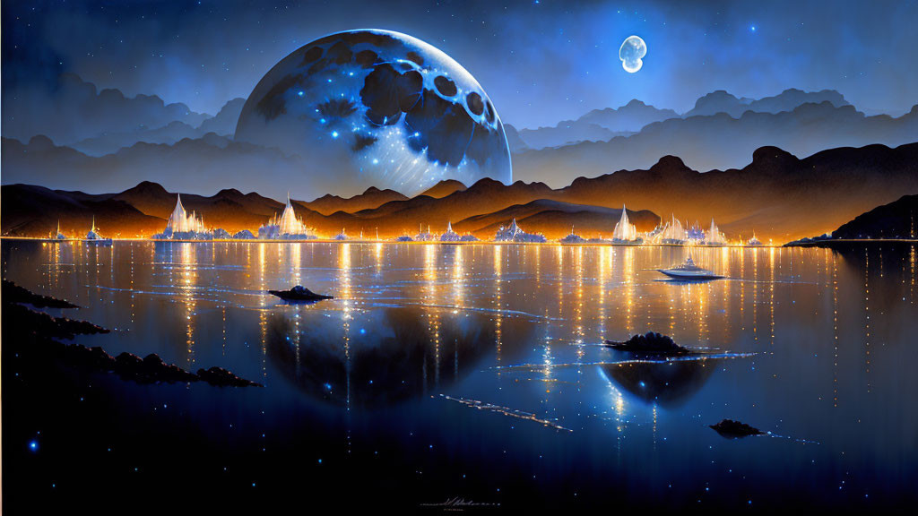 Luminous night landscape with city lights reflected in lake and two moons above mountains