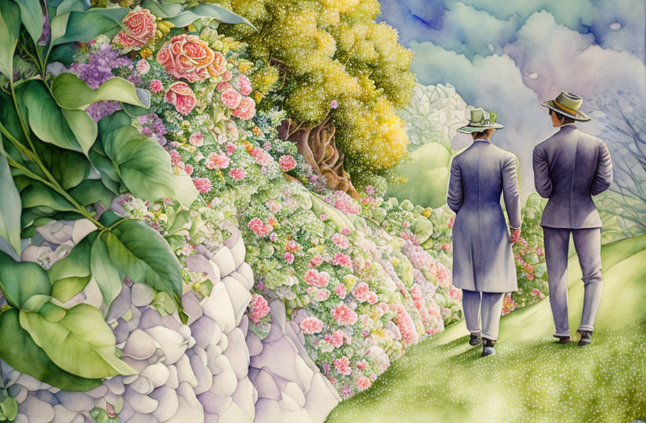 Vintage Attired Figures Admire Blooming Garden in Watercolor