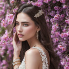 Woman with makeup and jewelry posing among pink blossoms in elegant springtime setting