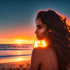 Woman with flowing hair and sleep mask at vibrant sunset beach