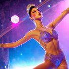 Sparkling bikini costume woman posing under colorful stage lights