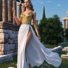 Woman in White and Gold Ancient Greek-Style Dress Among Columns
