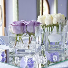 Elegant still life with crystal glass, decanter, purple rose, and soft drapery.