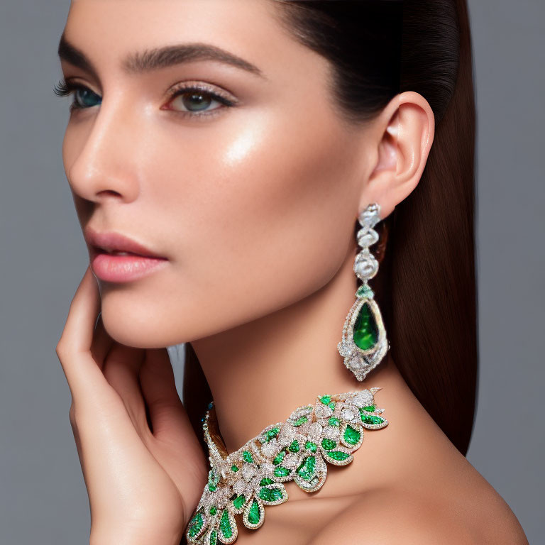 Woman displaying elegant green and diamond jewelry with soft makeup and sleek hairstyle