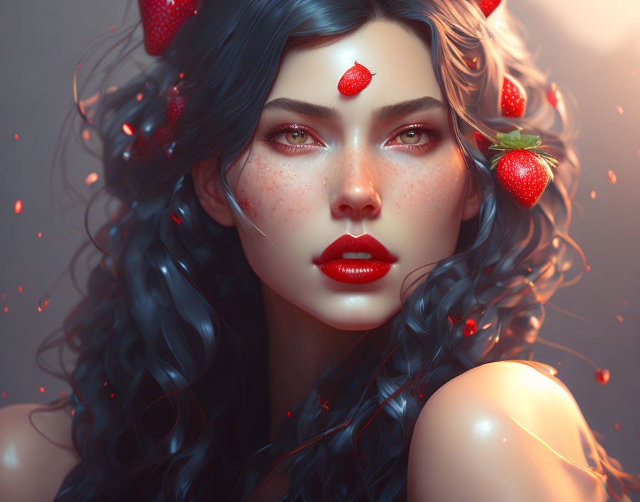 Digital portrait of a woman with strawberry-themed decorations in blue hair, red lips, and freckles