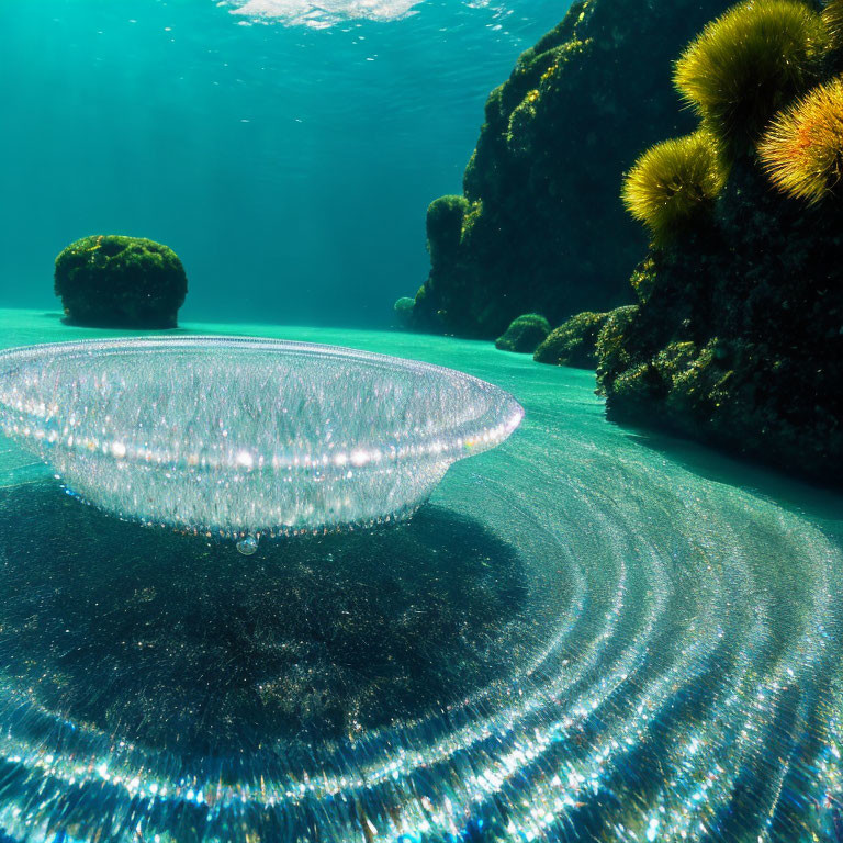 Clear Jellyfish Near Sandy Bottom in Underwater Scene