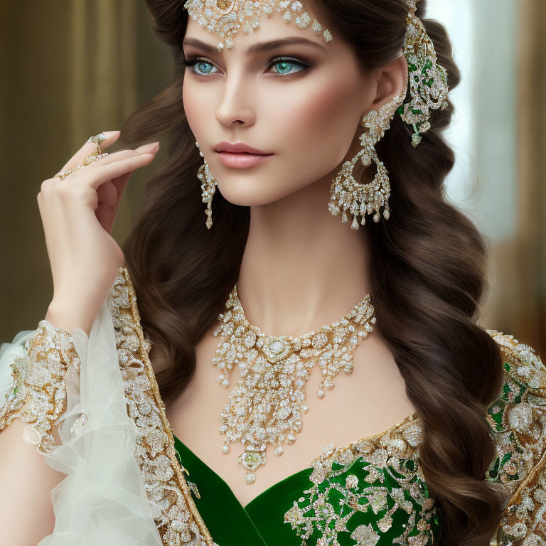 Luxurious Gold and Pearl Jewelry on Elegant Woman in Green Dress