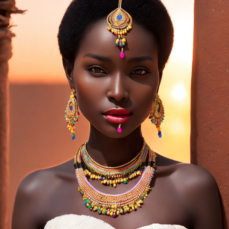 Striking makeup and African jewelry with gold accents and colorful beads on woman against warm backdrop