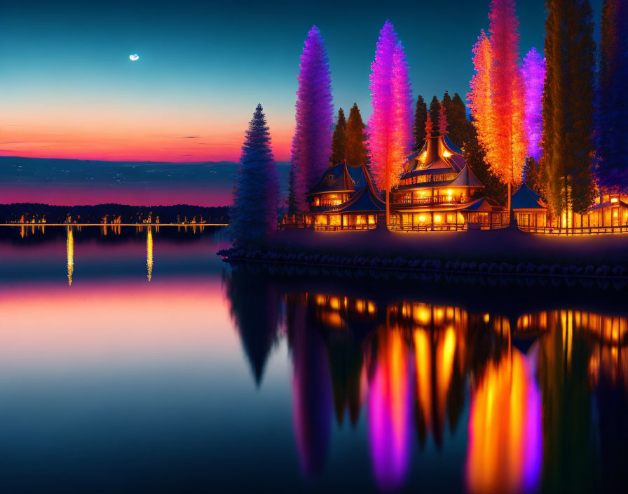 Colorful illuminated lakeside buildings and trees reflected in calm water at twilight with crescent moon