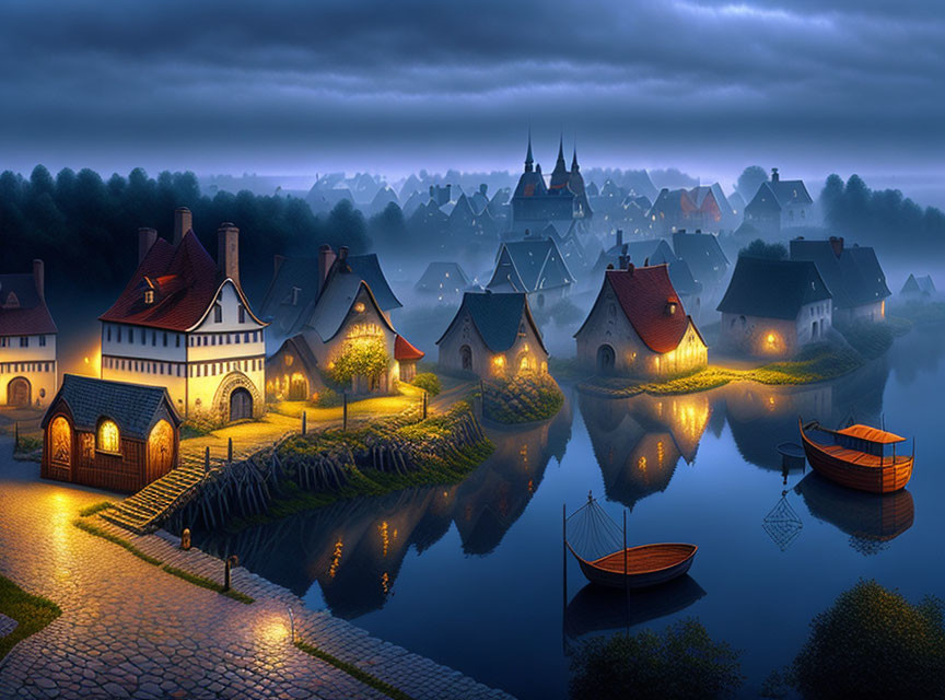 Tranquil nighttime village scene with illuminated houses, river, boat, cobblestone paths, and