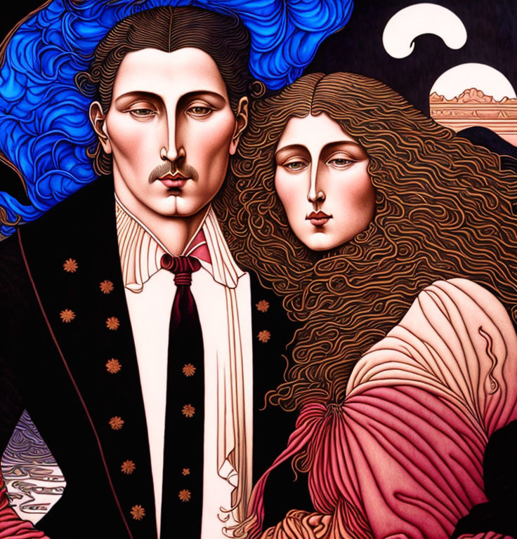 Stylized male and female figures with elongated faces against celestial and mountain backdrop
