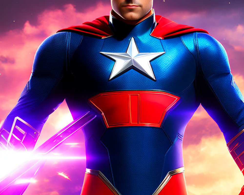 Animated superhero in blue and red suit with star emblem, cape, in cosmic setting