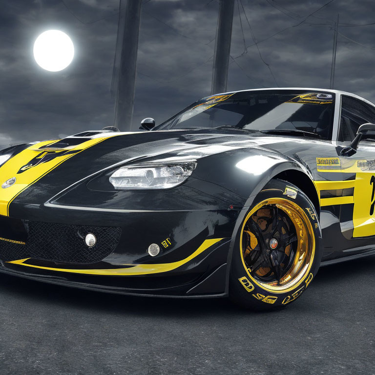 Custom Black Sports Car with Yellow Stripes and Racing Decals Under Dramatic Sky