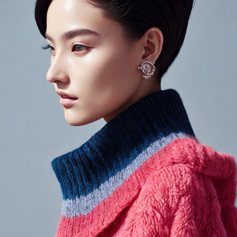 Woman with Sleek Hairstyle in Pink and Blue Striped Sweater