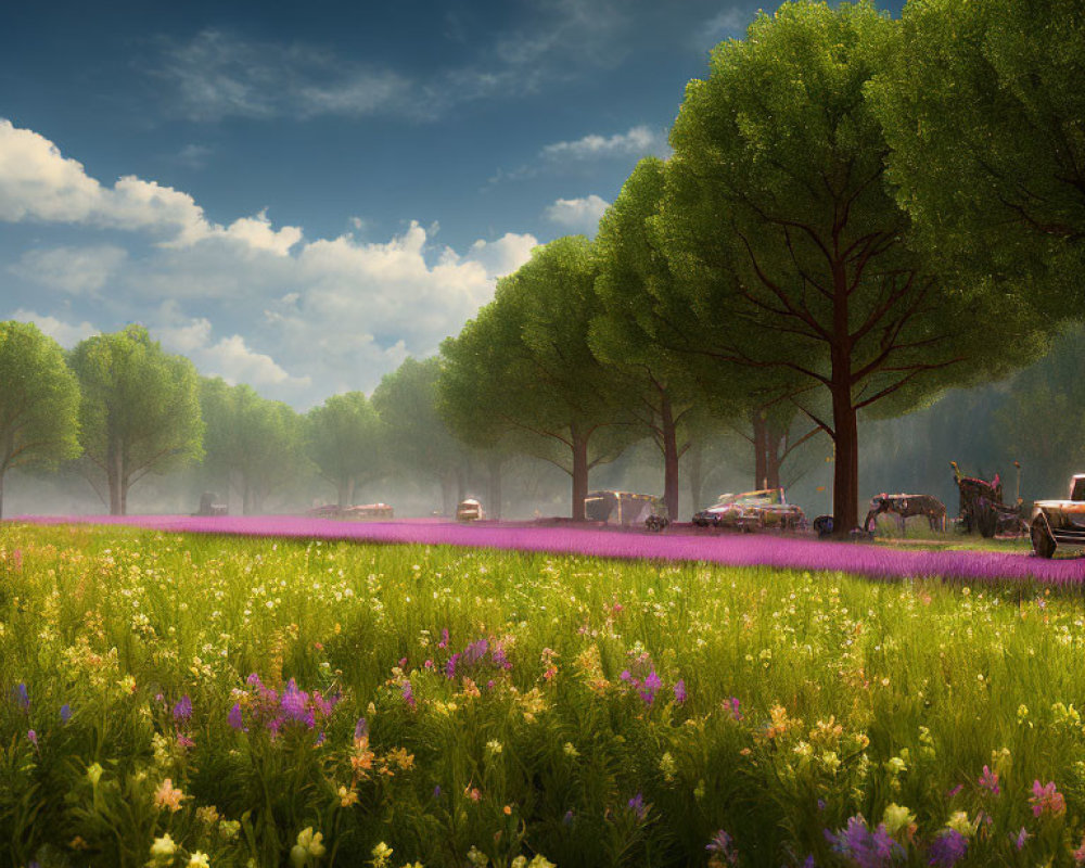 Lush green trees, blooming meadow, and pastel fog in serene landscape
