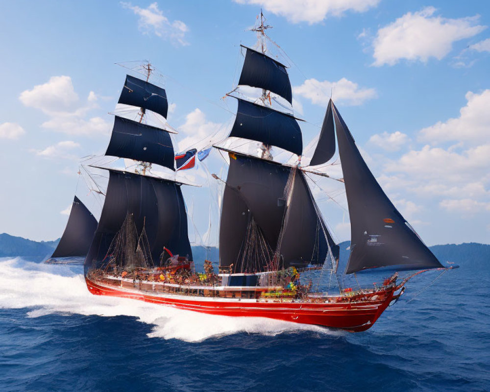 Tall ship with multiple sails cruising on the open sea