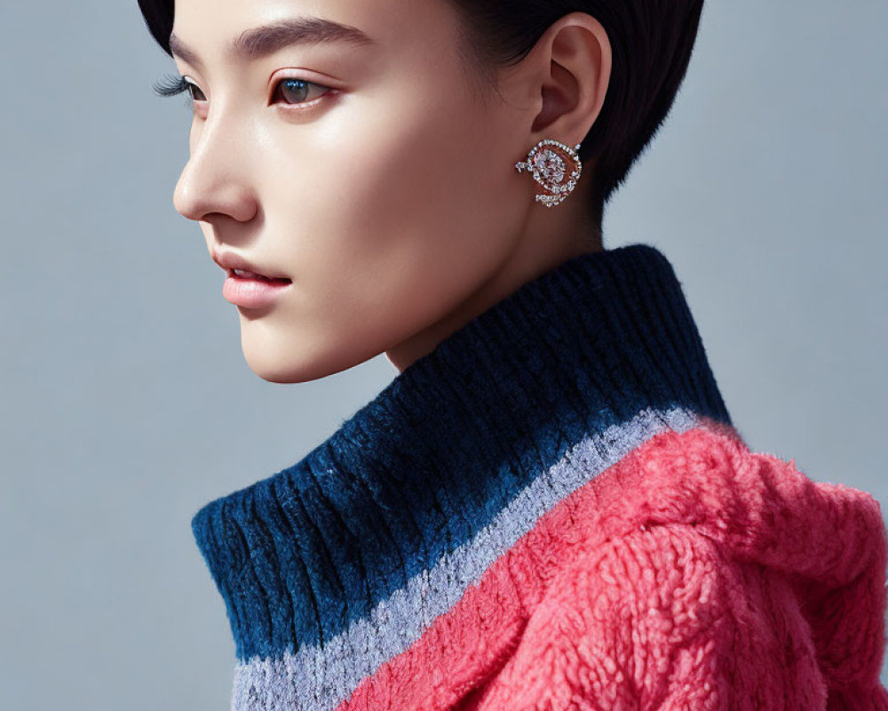 Woman with Sleek Hairstyle in Pink and Blue Striped Sweater