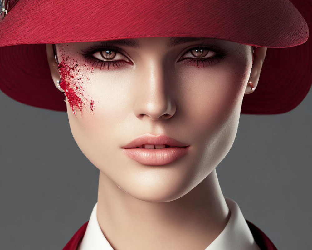 Woman with Red Hat and Striking Makeup Stares Intensely