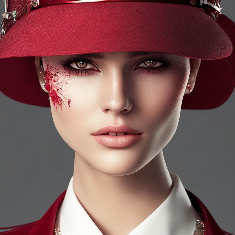 Woman with Red Hat and Striking Makeup Stares Intensely