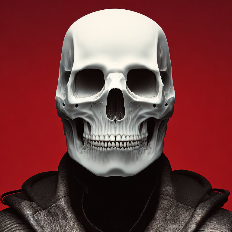 Realistic skull mask on person against red background