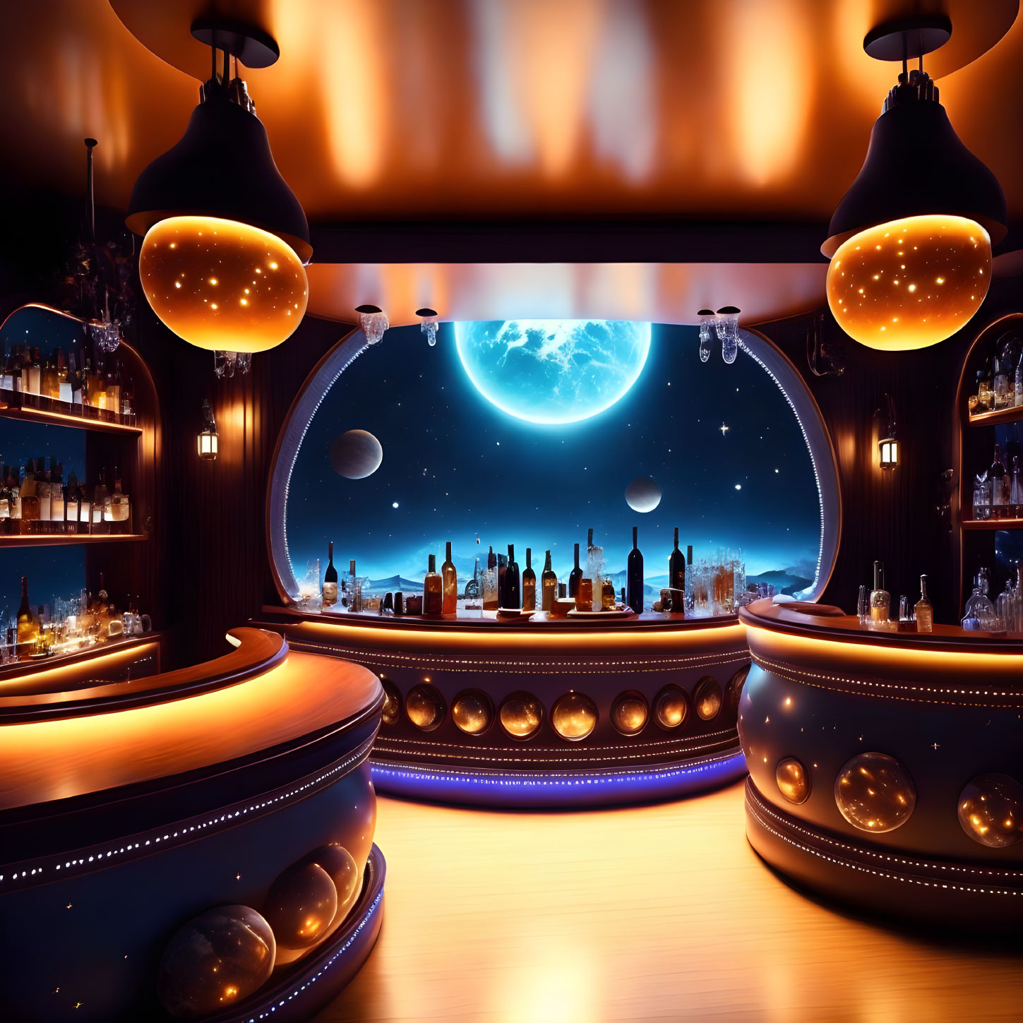 Sleek futuristic bar with celestial backdrop