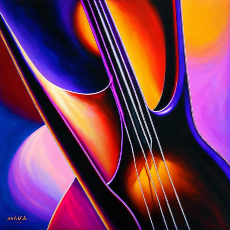 Vibrant abstract painting of a violin with blue, purple, and orange swirls